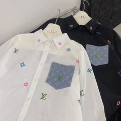 Two-Tone Embroidered Shirts with Denim Pocket Accent