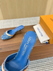 Denim Monogram Mule Heels with Contrast Strap
