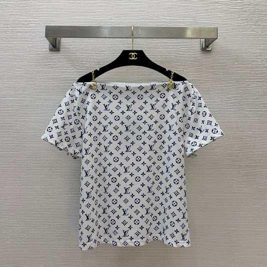 Monogram Off-Shoulder Top with Chain Hardware