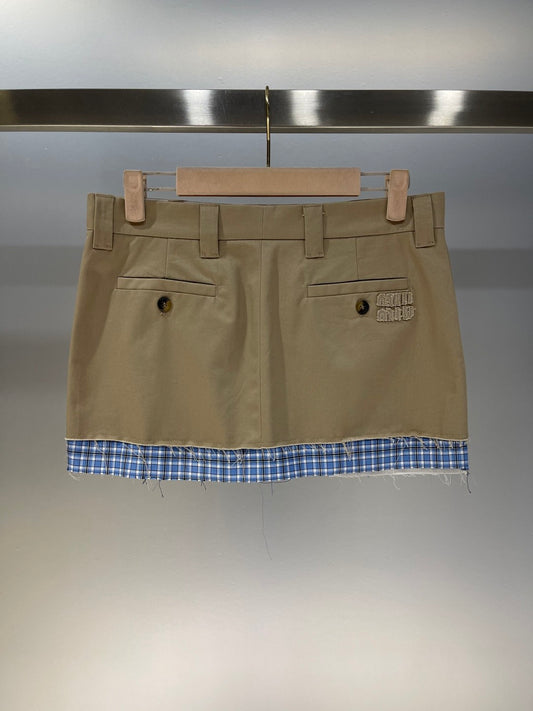 Khaki Mini Skirt with Plaid Hem