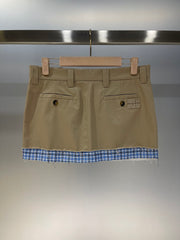 Khaki Mini Skirt with Plaid Hem