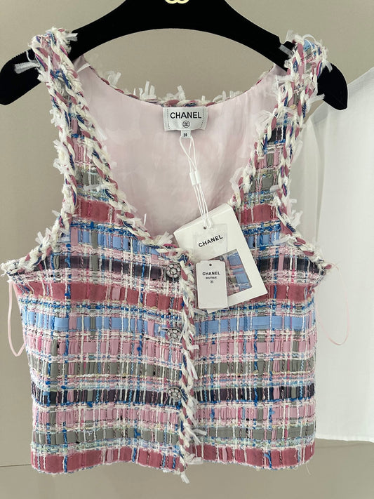 Pastel Tweed Crop Top with Frayed Edges & Ornate Buttons