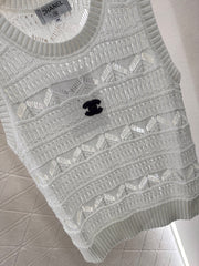 Lace-Knit Sleeveless Vest with Geometric Motifs