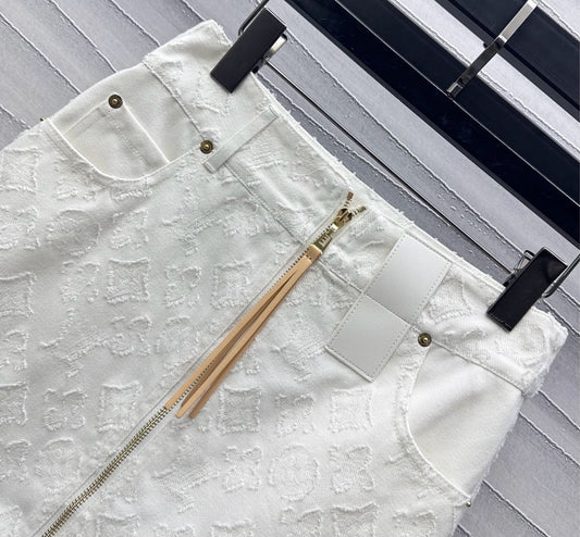 White Denim Co-ord Set with Embossed Motifs & Hardware Accents