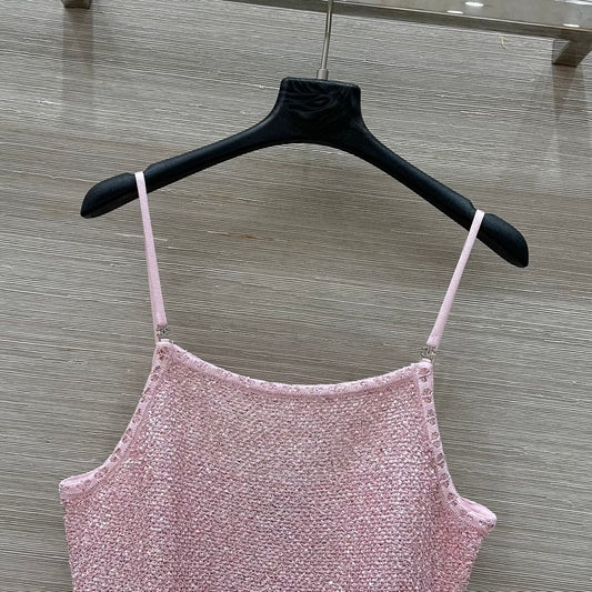 Pink Lurex Knit Camisole with Ruffled Hem