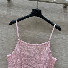 Pink Lurex Knit Camisole with Ruffled Hem