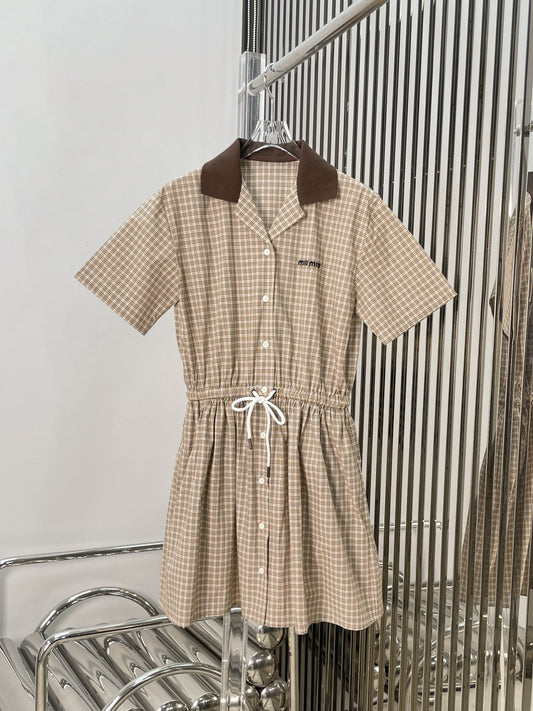 Plaid Shirt Dress with Contrast Collar & Drawstring Waist