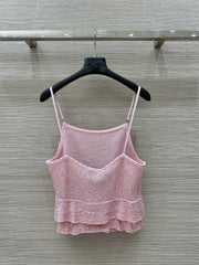 Pink Lurex Knit Camisole with Ruffled Hem