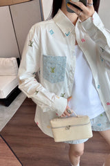 Two-Tone Embroidered Shirts with Denim Pocket Accent